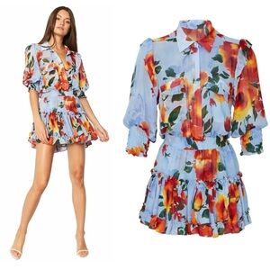 RARE!! MISA Los Angeles Enya Dress Sheer Flounce Summer Floral Blue Orange Sz L
